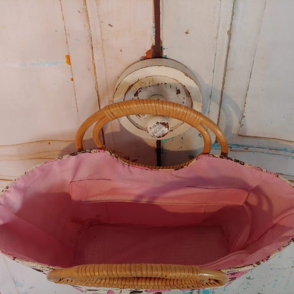 *no tag VINTAGE style purse handbag w burlap texture rattan handle pink & cream - Picture 7 of 16